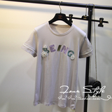 韩国nena夏装新款圆领刺绣字母短袖圆领立体花朵休闲棉T恤女上衣