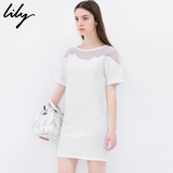 Lily2015夏新款女装修身纯色透视拼接短袖连衣裙115240B7604
