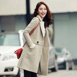 2016春季新款韩版女装修身百搭短外套时尚双排扣中长款羊毛呢大衣