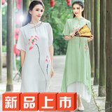 短袖连衣裙女士2016春夏新款民族风女装中国风手绘长款棉麻仙女裙