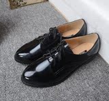 欧美漆皮系带英伦深口鞋 外贸韩国大码尖头低跟小皮鞋学院女单鞋