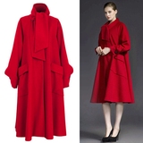 豆蔻正品羊毛呢子大衣外套宽松长款风衣高端围巾领秋冬女装红黑色