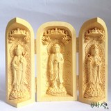 【妙好人】包邮黄杨木精雕西方三圣阿弥陀佛折叠开合便携式佛像