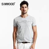 Simwood2016夏季男士浅灰色微弹圆领字母印花T恤潮男修身短袖T恤