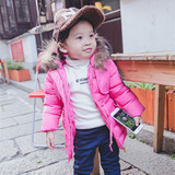 2015纯色毛领连帽卡通两色贴标冬季加厚女童童装外贸韩版棉衣
