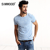 Simwood2016夏季新款男士特殊洗水条纹T恤潮男圆领修身短袖海魂衫