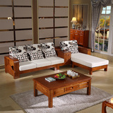 全实木橡木 多功能L型带贵妃沙发 实木布艺沙发床带茶几客厅组合