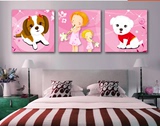 卡通狗狗粉色装饰漫画组合三联拼画无边创意男孩女孩房间卧室挂画
