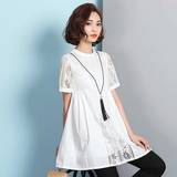 2016夏季新款韩版女装夏装短袖大码雪纺衫女中长款蕾丝衫上衣潮