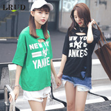 LRUD2016夏季新款韩版字母印花短袖T恤女宽松显瘦破洞百搭打底衫
