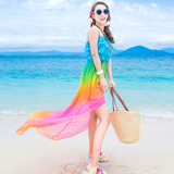 度假小姐波西米亚海边沙滩裙中长款连衣裙不规则燕尾裙拼色吊带裙