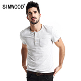 Simwood2016夏季新款男士时尚休闲纯色微弹修身开叉领口短袖T恤男