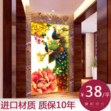 中式竖版大型壁画孔雀牡丹玄关走廊卧室客厅背景墙 无缝壁画孔雀