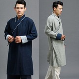 中国民族风春秋男装复古棉麻长袍和尚禅修服合服长款中式亚麻外套