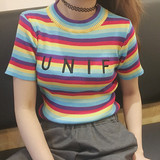 夏季新款韩版东大门洋气刺绣字母彩条纹AA款修身短袖针织衫女 3色