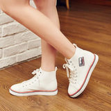 韩版夏季白色高帮休闲鞋厚底系带内增高透气中帮系带女鞋平底板鞋