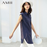Amii衬衫女 中长款雪纺无袖翻领宽松显瘦 2016新款夏季欧美外套