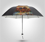 创意折叠油画黑胶太阳伞超强防晒50防紫外线晴雨伞三折遮阳伞男女