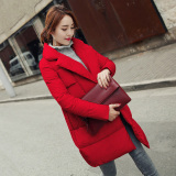 韩版宽松白鸭绒羽绒服女西装领冬装大红色直筒茧型轻薄中长款外套