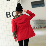 2015春秋季新款韩版修身显瘦贴标连帽工装风衣女 中长款薄外套潮