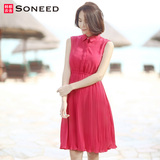 Soneed韩版2016夏装新款女装修身红色高腰无袖百褶连衣裙UM5381皛