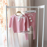 韩国粉色蝴蝶结儿童春秋套装宝宝纯棉毛衣毛裤婴儿两件套针织衫