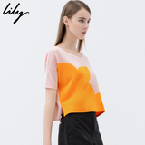 Lily2016夏装新款女装欧美舒适针织拼色纯棉打底衫T恤115210D8602