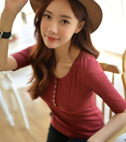 宸萱2016春装新品韩版紧身酒红色棉中袖T恤 女式五分袖打底衫