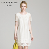 【新品】ELLASSAY歌力思2016夏季女装 勾花镂空假两件短袖连衣裙