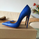 欧美大牌外贸女鞋宝蓝色羊皮尖头浅口超女式性感12厘米细跟高跟鞋