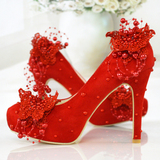 珠联璧合婚鞋红色高跟珍珠蕾丝新娘鞋龙凤褂秀禾服中式结婚礼服鞋