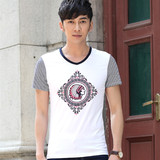 AF白色短袖T恤男 V领青年韩版弹力修身莱卡棉打底衫 潮夏季半袖