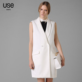 USE2016春新款欧美简约中性OL白色马甲无袖双排扣长款女马夹外套