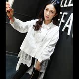 韩版2015秋季新款 女装镂空蕾丝拼接下摆开叉中长款纯色长袖衬衫