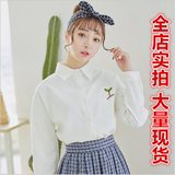2016春季韩国新款女装长袖小草刺绣前短后长灯芯绒衬衫学生衬衣