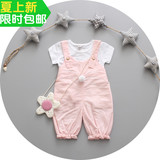 婴儿夏装套装男女宝宝短袖背带七分裤2件套婴儿棉麻中裤套装0-1-2