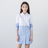 2016春装女款衬衫 Chong R 中长款长袖蓝白撞色拼接宽松休闲衬衣