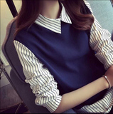 秋季女装新款条纹衬衣2015韩版休闲百搭学院风假两件翻领加绒衬衫