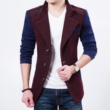 秋韩版男士修身毛呢子夹克青少年学生拼接常规外套休闲修身夹克衫
