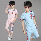 夏季男童中大童韩版贴标短袖t恤天蓝色两件套装纯棉印花棒球服