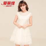 【特惠】2016夏装新款女装韩版甜美修身白色蕾丝雪纺欧根纱连衣裙