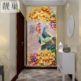 中式立体3d壁画过道玄关走廊餐厅壁纸中国风孔雀开屏无缝 牡丹花