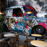 3d立体复古涂鸦汽车墙纸壁画 网吧咖啡餐厅奶茶店背景墙工装壁纸