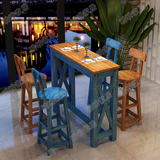 地中海吧台咖啡桌椅彩色实木吧台做旧阳台复古家用餐桌椅实木吧台