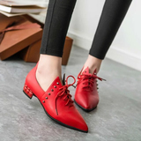 2016春季新款红色小皮鞋英伦系带平跟粗跟休闲鞋尖头铆钉女式单鞋