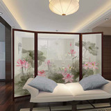 新中式手绘屏风酒店别墅屏风单个折屏真丝透明屏风实木屏风包邮