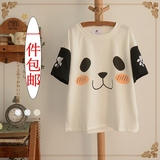 熊猫印花圆领套头宽松棉短袖T恤女白金天使日系森女2016夏季女装