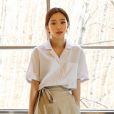 夏季复古chic韩国小清新ulzzang气质竖条纹百搭西装领短袖衬衫女