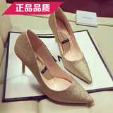 香港代购新款闪亮金色亮片高跟礼服鞋婚鞋性感尖头浅口细跟女单鞋