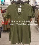 HM女装 H&M 专柜正品折扣代购春军绿色领口系带短袖连衣裙0380248